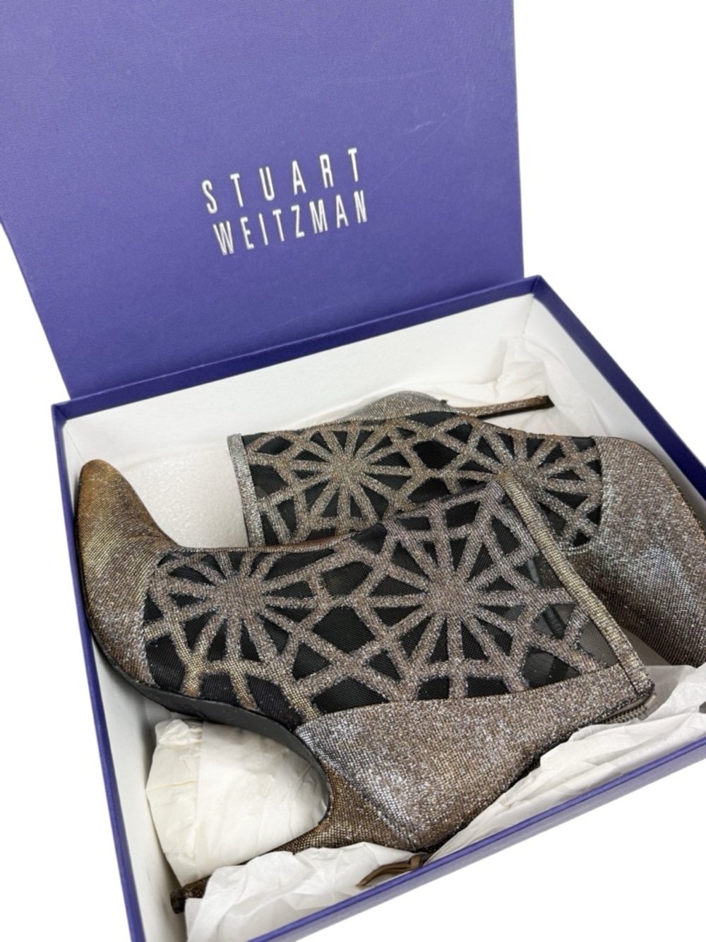 Stuart Weitzman BESTINSHOW Pyrite Nocturn Metallic Mesh Point Toe Booties Heels
